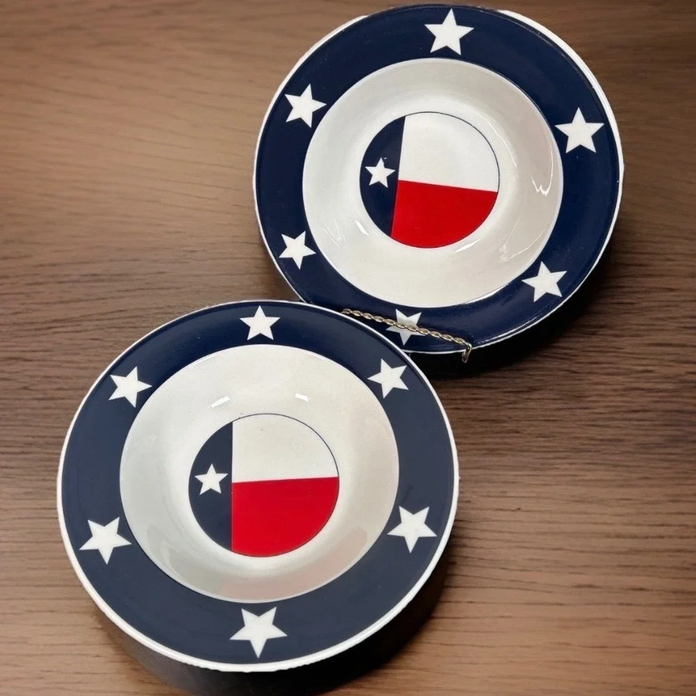 Set of 2 Texas Flag Star Rim Soup Cereal Bowls Patriotic Lone Star Totally Today